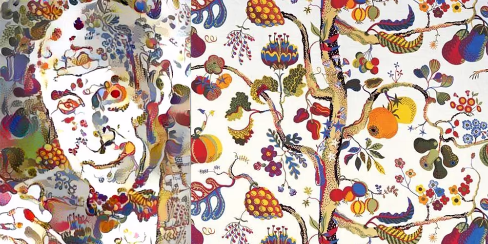 A portrait of Josef Frank rendered in the colourful, floral style of a Josef Frank textile pattern.