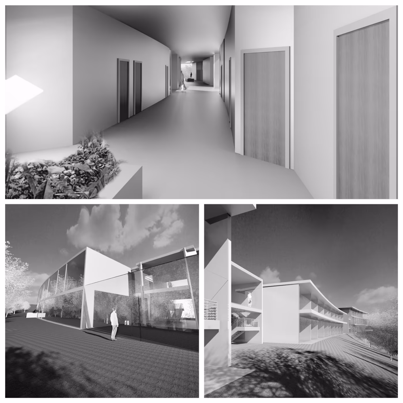 A collage of exterior and interior renderings.