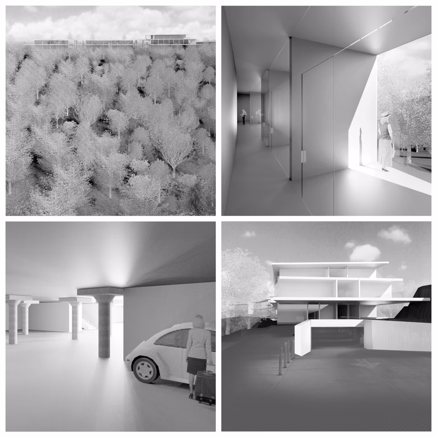A collage of exterior and interior renderings.